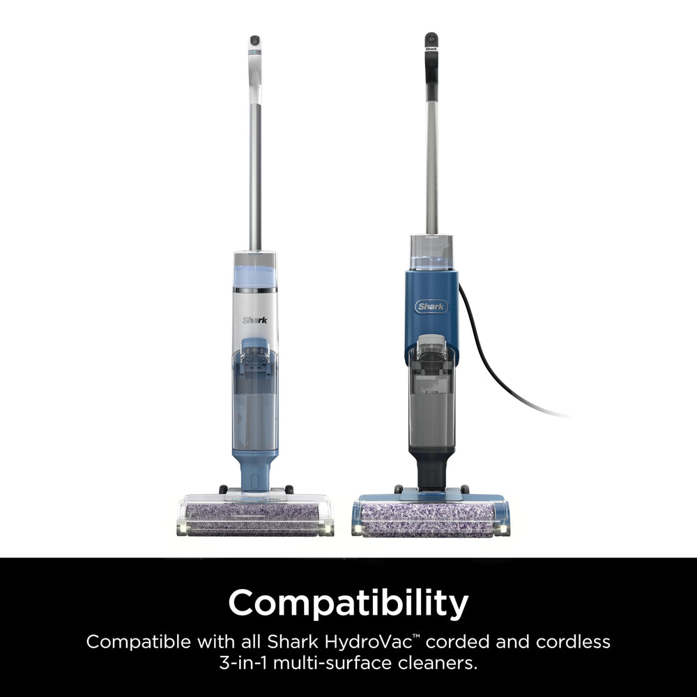Shark HydroVac disinfectant packaging beside cleaning tools for refills