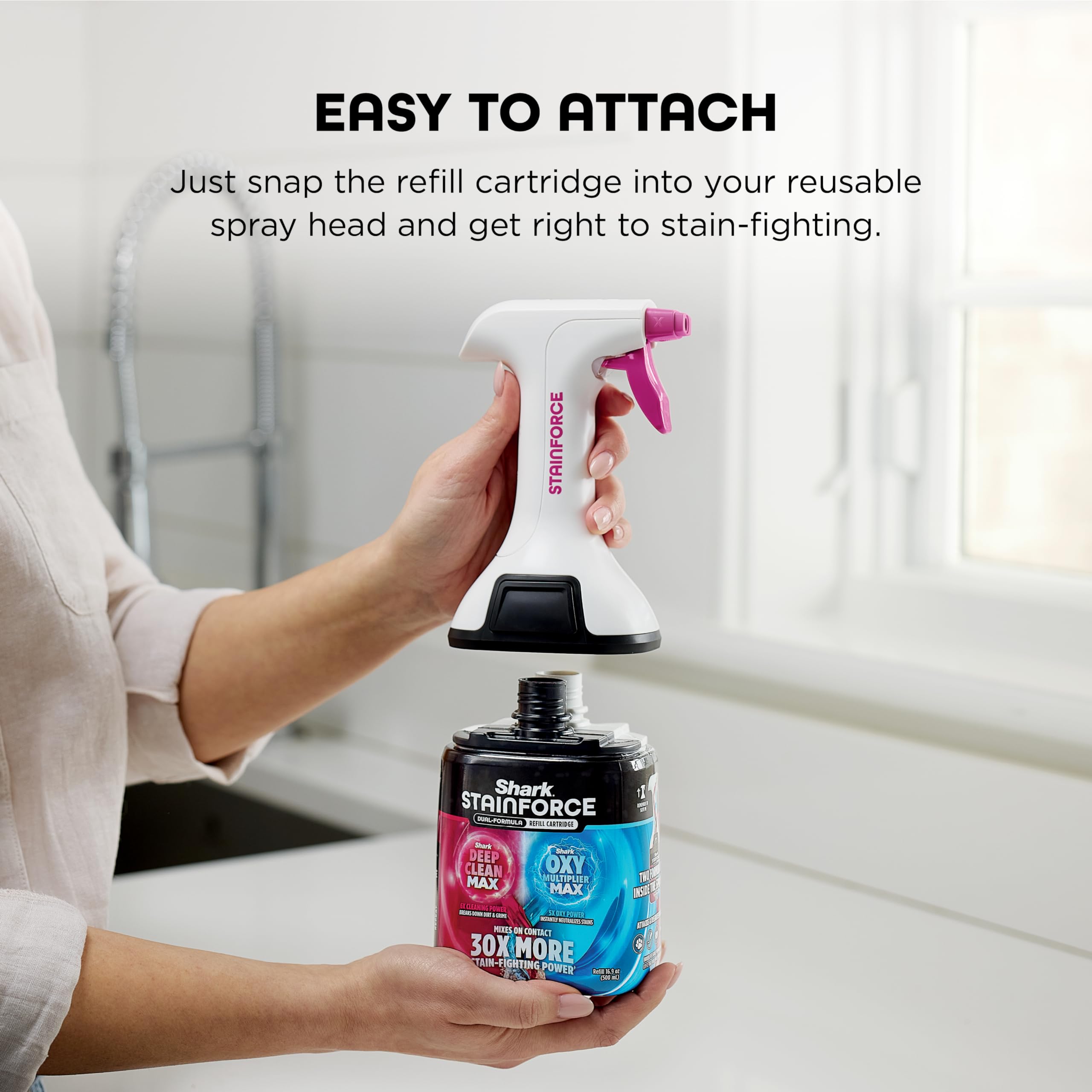 Shark StainForce improves carpet and upholstery cleaning with powerful stain-fighting formulas.