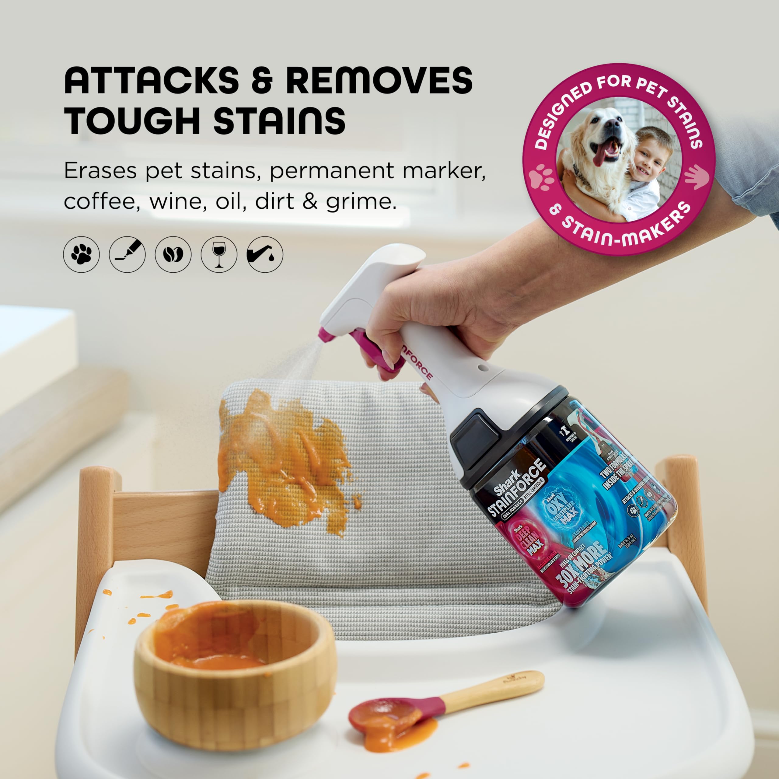 Shark StainForce compatible with cordless cleaner for easy spot cleaning.