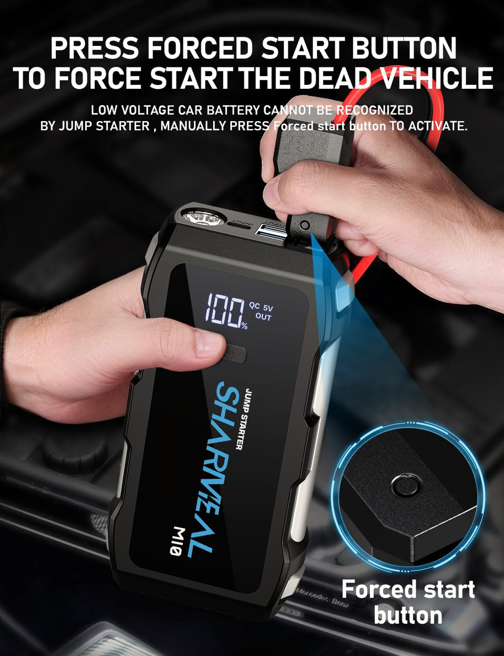 Sharmeal Jump Starter 5000A clamps illustrating safe battery connections