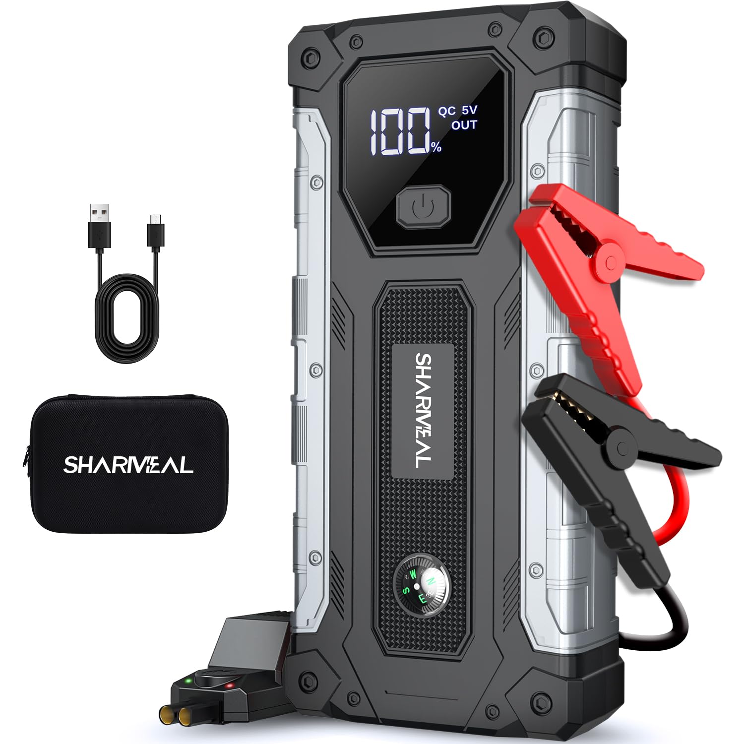 Sharmeal jump starter 5000A front view boosts vehicle battery quickly.