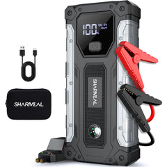 Sharmeal jump starter 5000A front view boosts vehicle battery quickly.