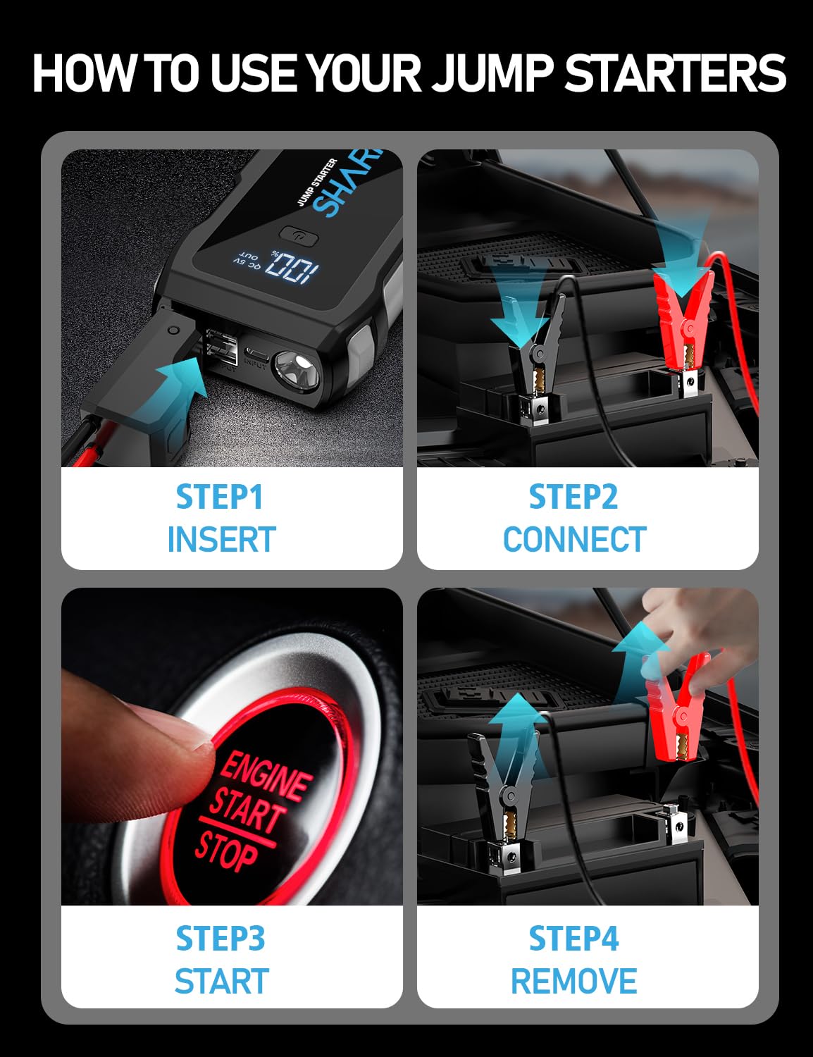 Sharmeal Jump Starter 5000A in-use demonstrates quick jump-start