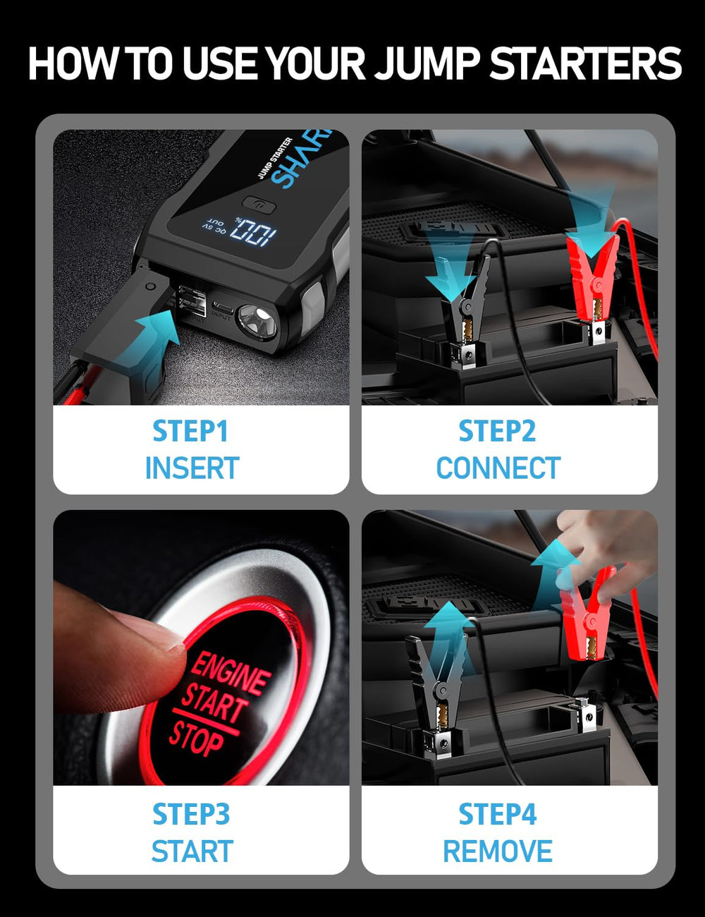Sharmeal Jump Starter 5000A in-use demonstrates quick jump-start