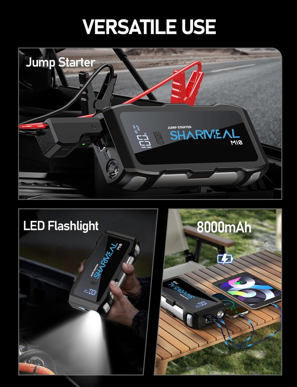 Sharmeal Jump Starter 5000A built-in LED flashlight for low-light emergencies