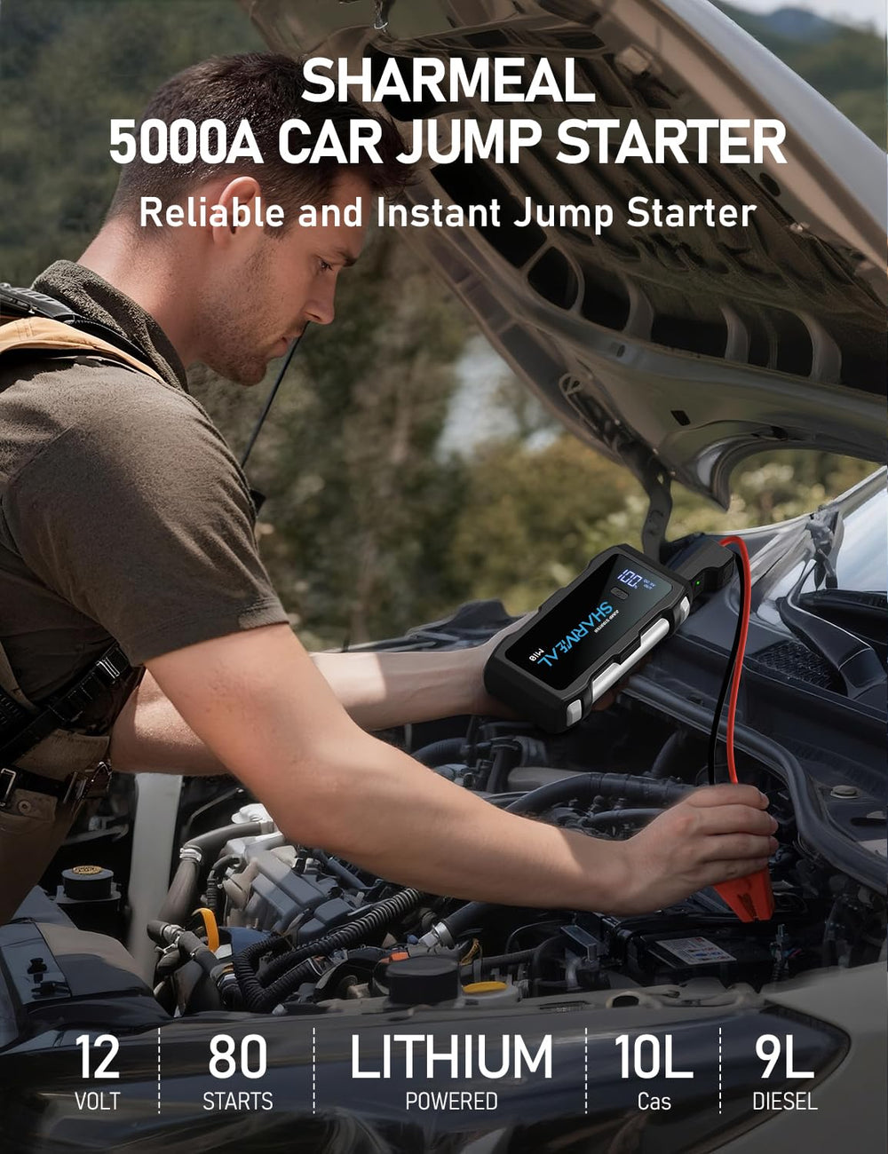Sharmeal Jump Starter 5000A top panel highlighting protection features and controls