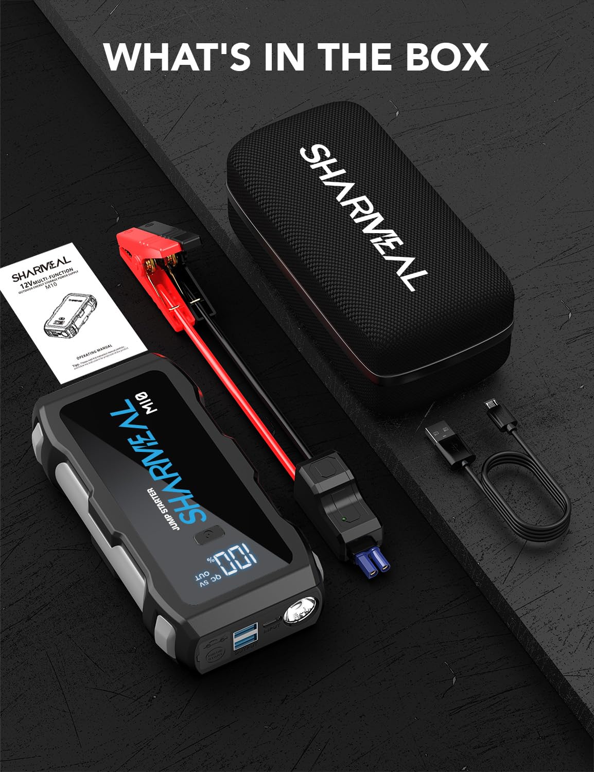 Sharmeal Jump Starter 5000A travel case shows organized storage and portability