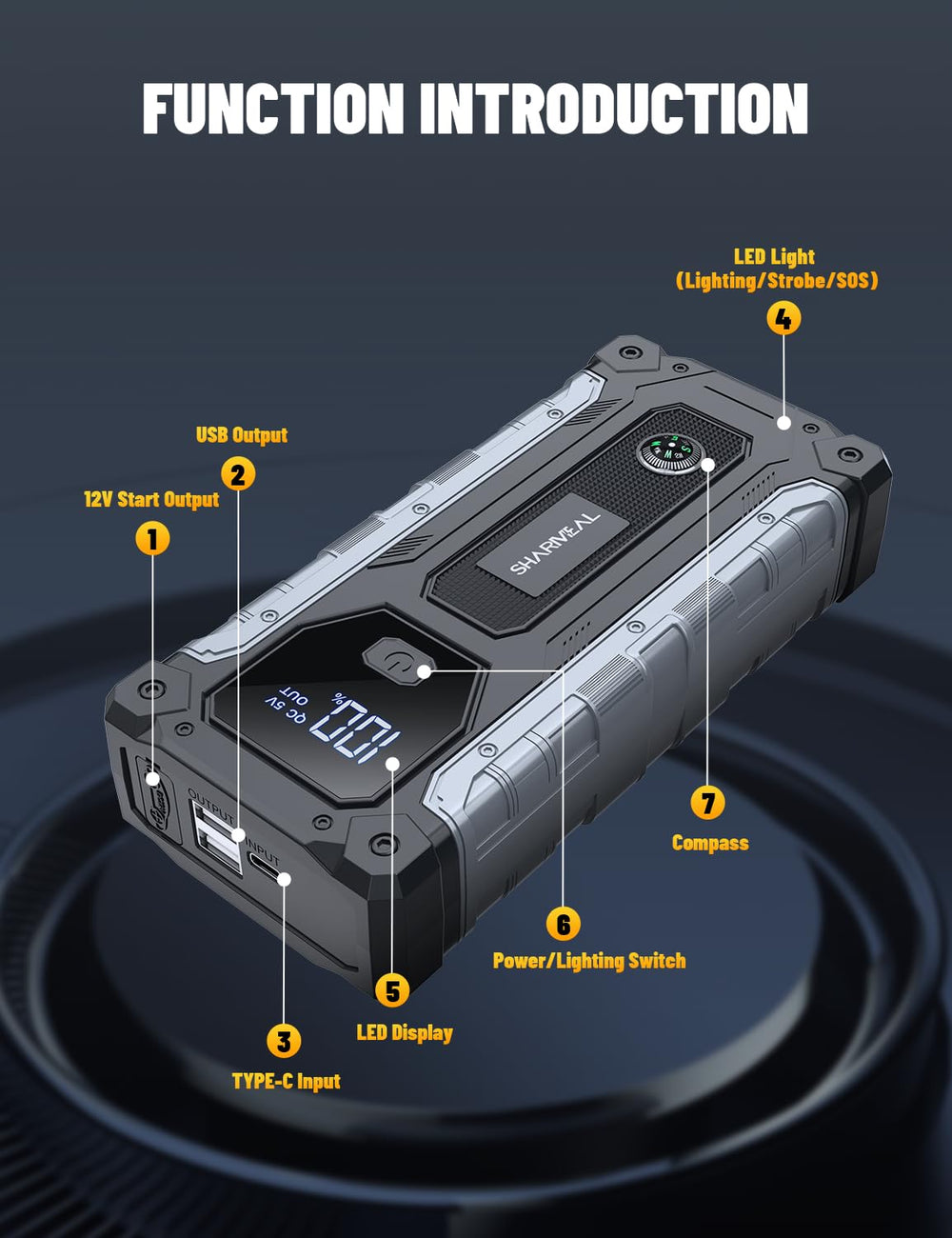 Sharmeal jump starter ready for roadside emergencies.