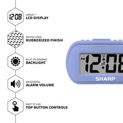Sharp alarm clock demonstrates ascending alarm and top button controls.