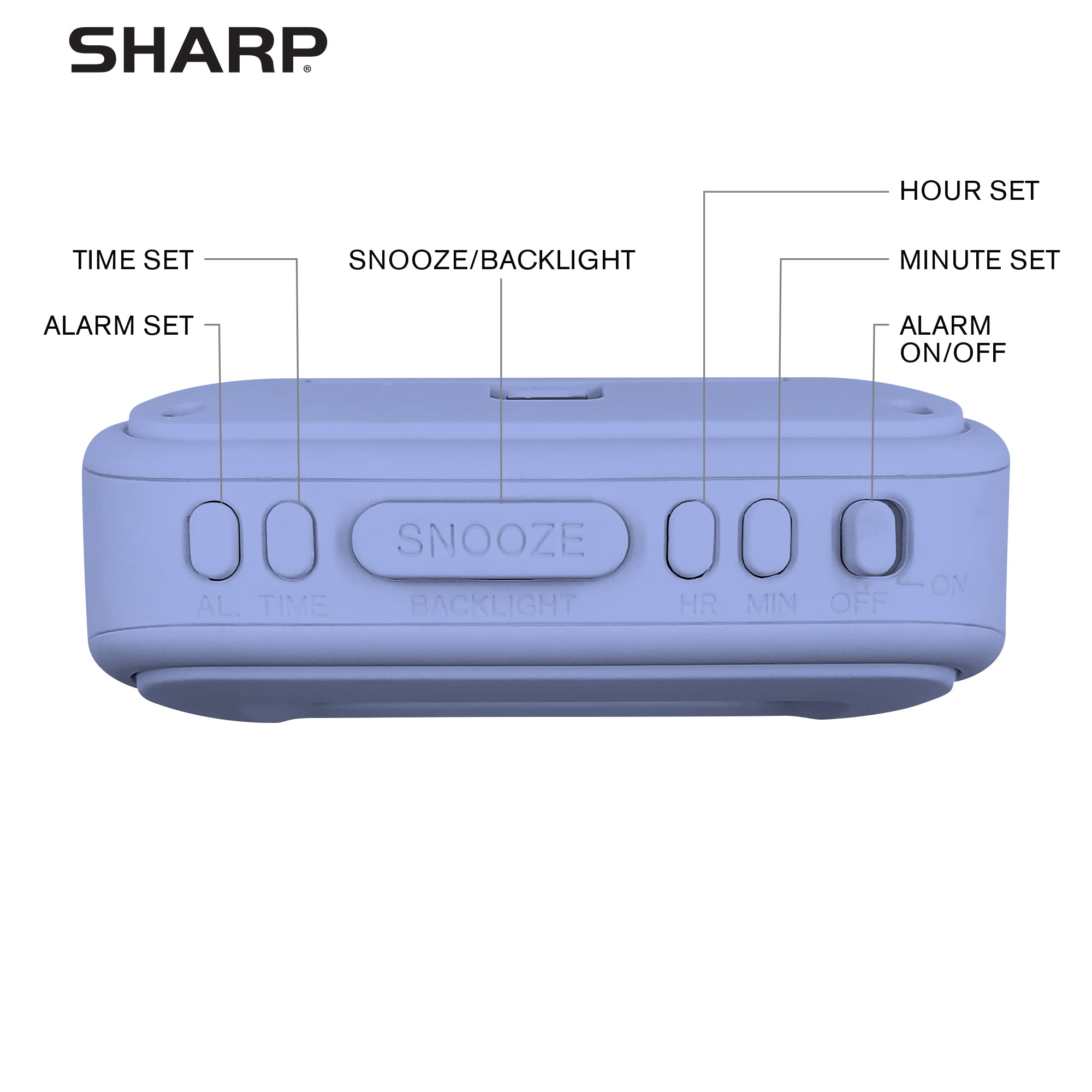 Sharp compact battery-operated alarm clock design fits neatly on any nightstand.