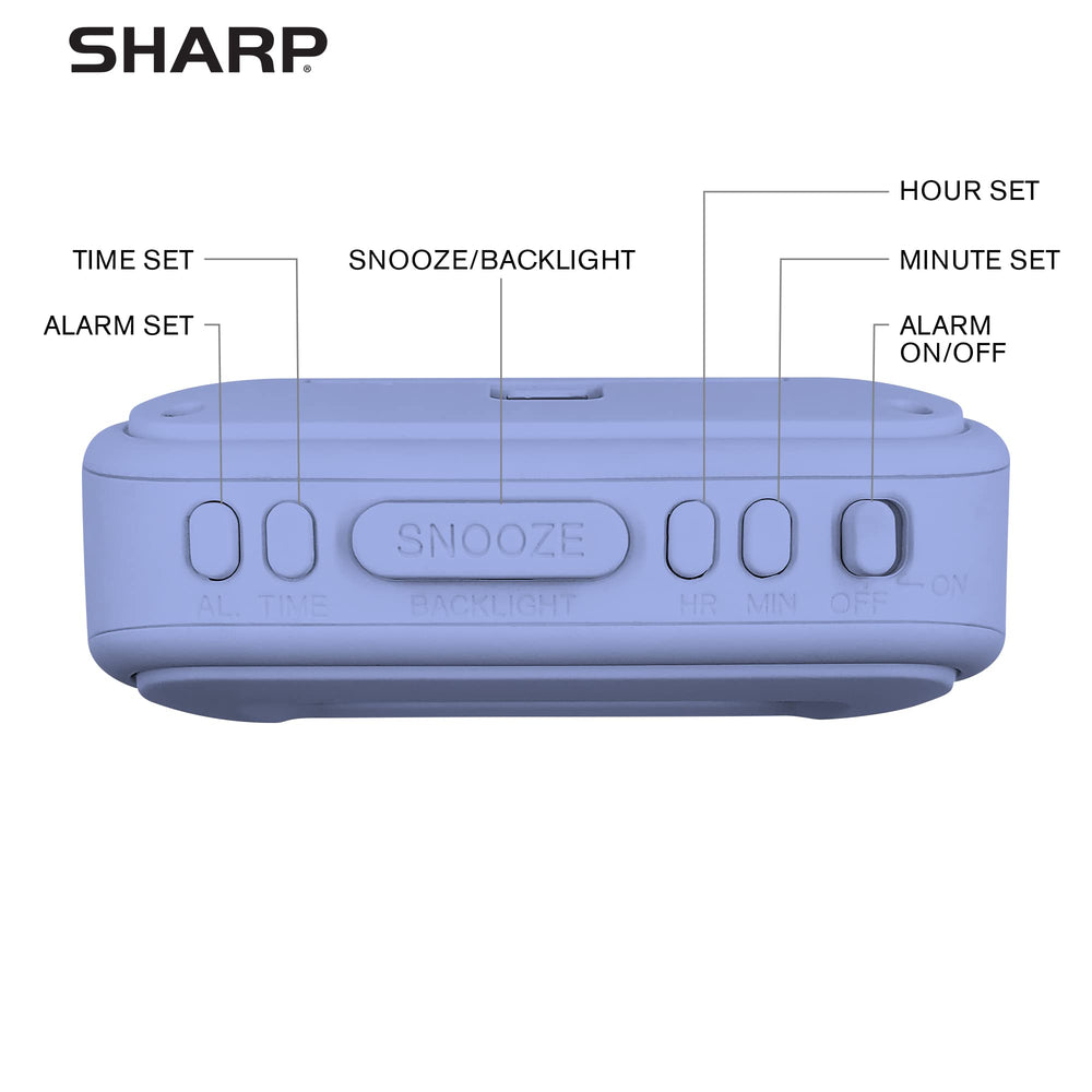 Sharp compact battery-operated alarm clock design fits neatly on any nightstand.