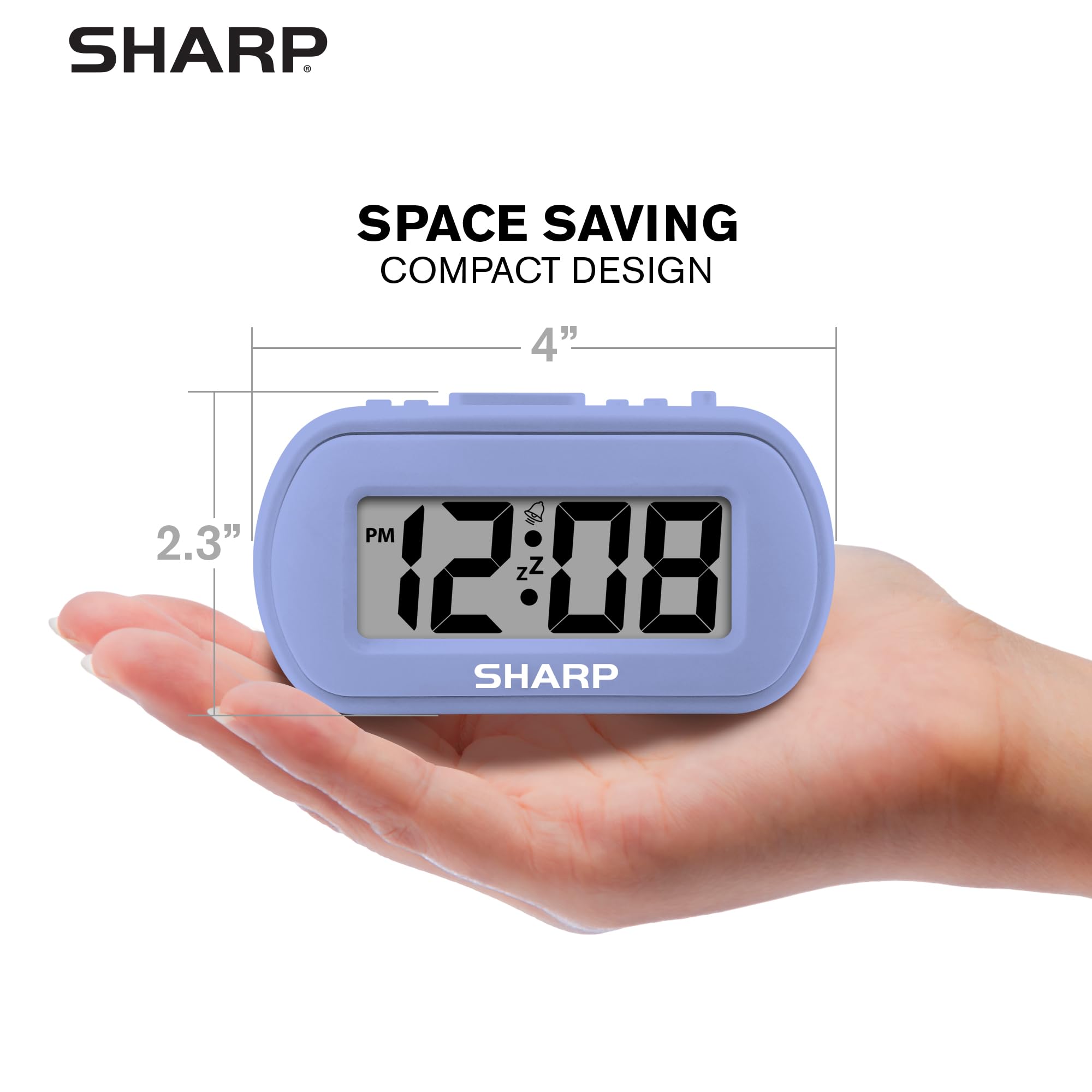 Large 1-inch LCD display on Sharp clock remains easy to read from across the room.