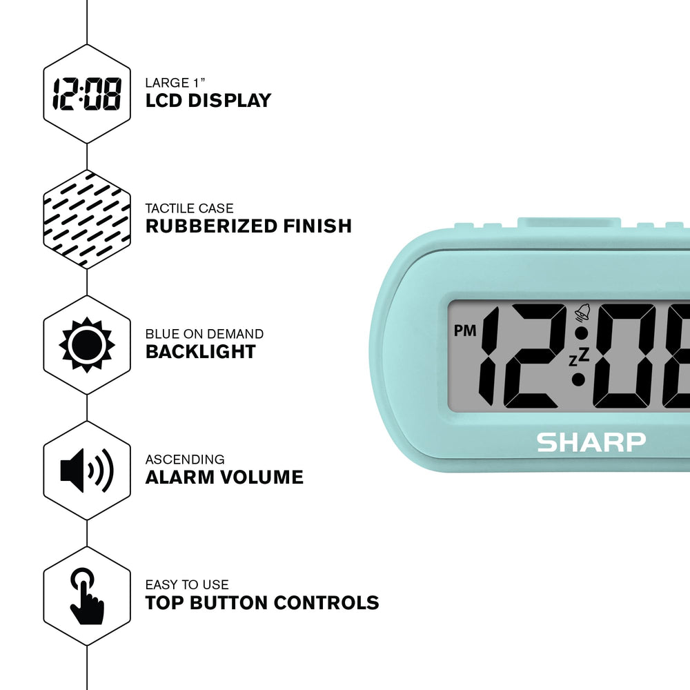 Sharp digital alarm clock ascending alarm offers gentle wake with snooze