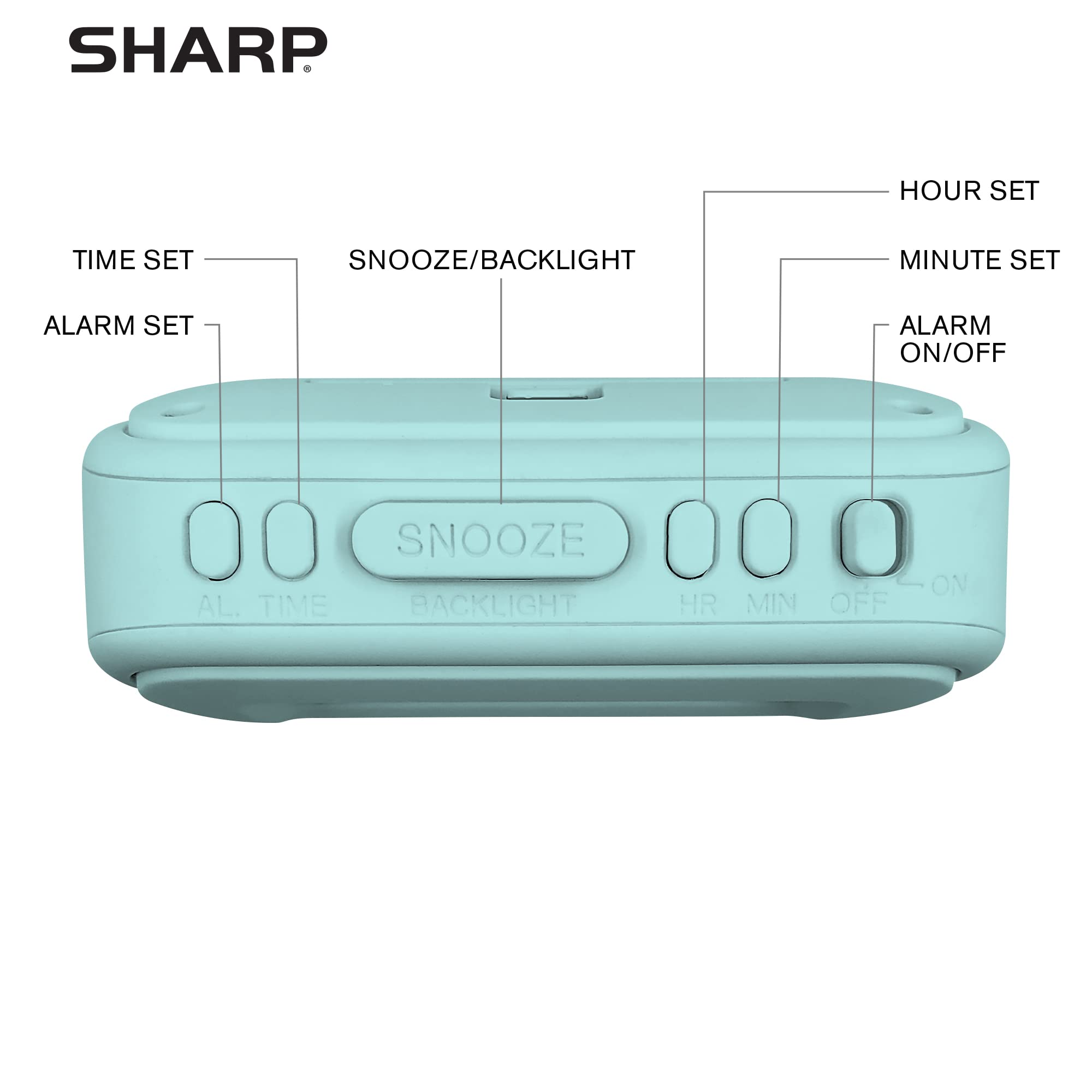 Sharp digital alarm clock battery-powered design eliminates cords for flexible placement