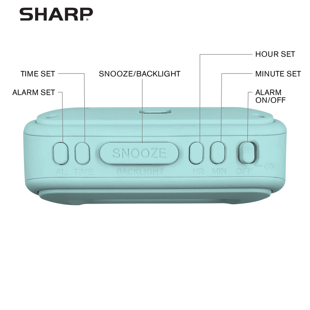 Sharp digital alarm clock battery-powered design eliminates cords for flexible placement