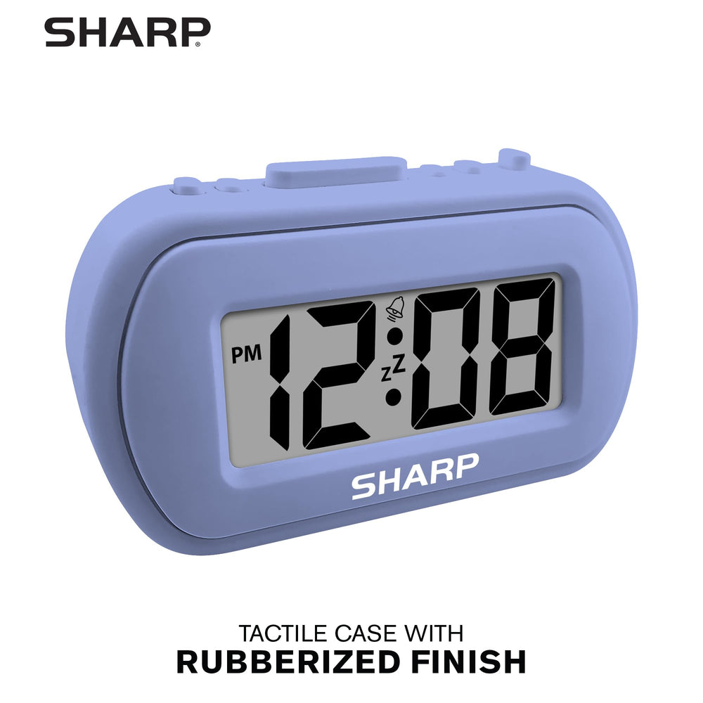 Sharp clock shows blue backlight on demand for quick time checks.