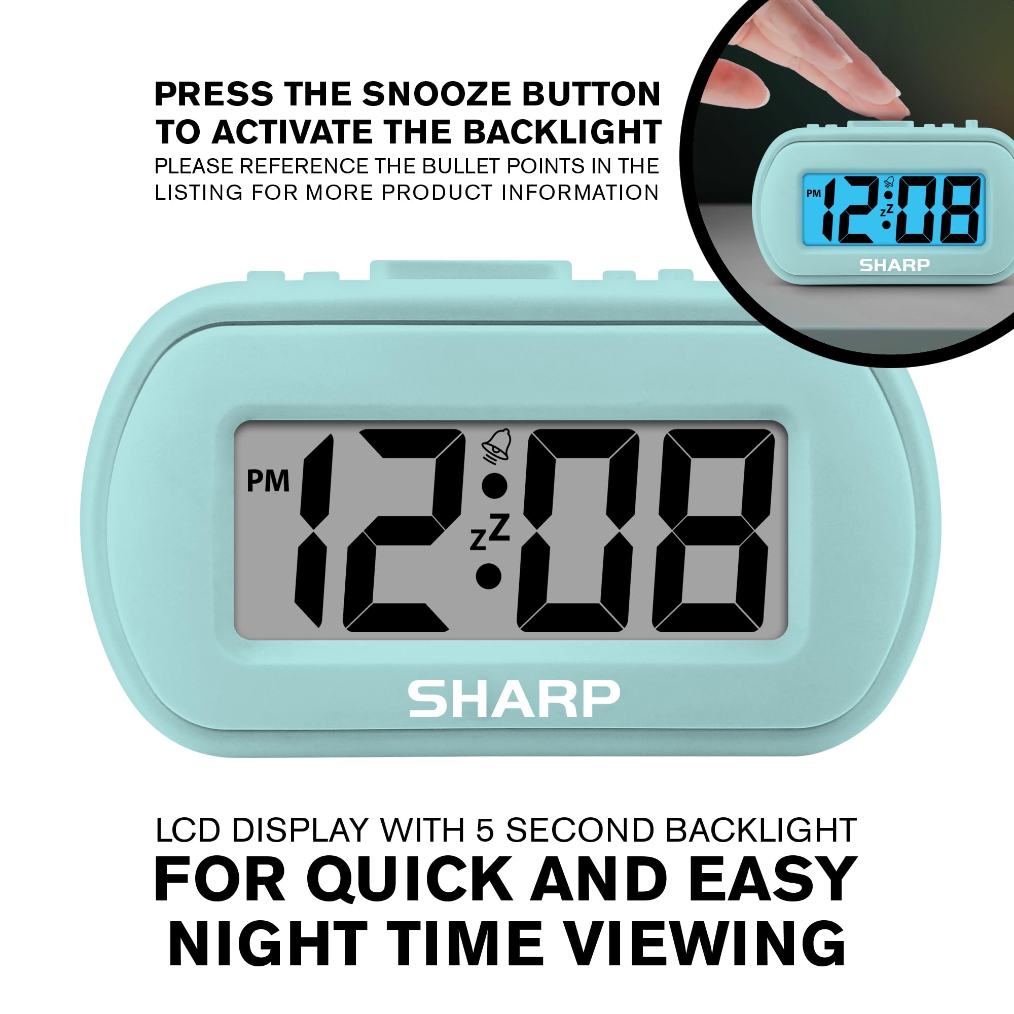 Sharp digital alarm clock compact size suits desk or nightstand portability