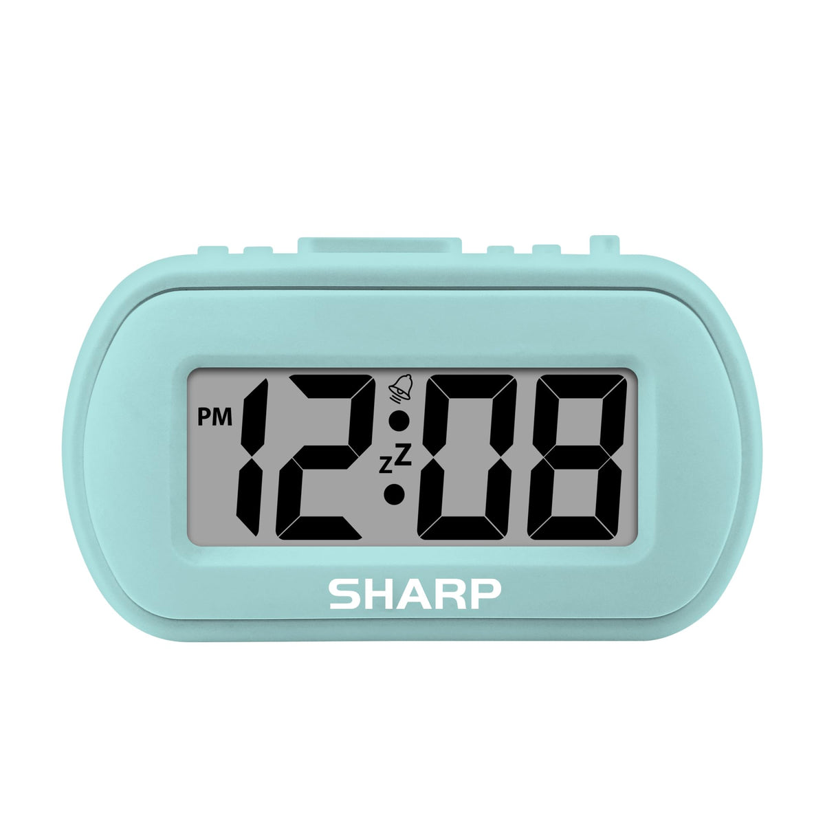 Sharp digital alarm clock with tactile case promotes easy grip at bedside