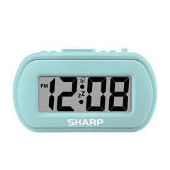 Sharp digital alarm clock with tactile case promotes easy grip at bedside