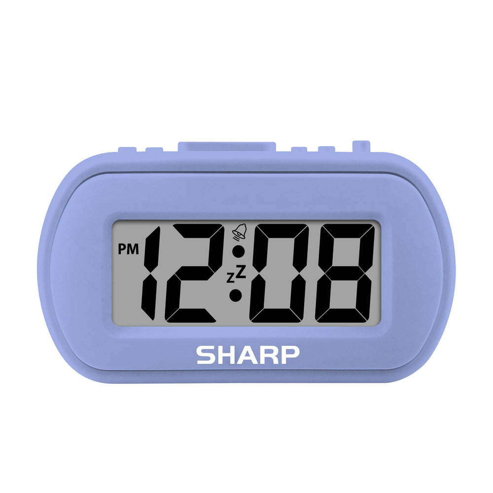 Sharp Digital Alarm Clock with tactile lavender finish provides easy bedside visibility.