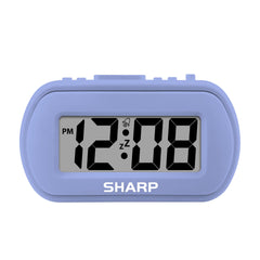 Sharp Digital Alarm Clock with tactile lavender finish provides easy bedside visibility.