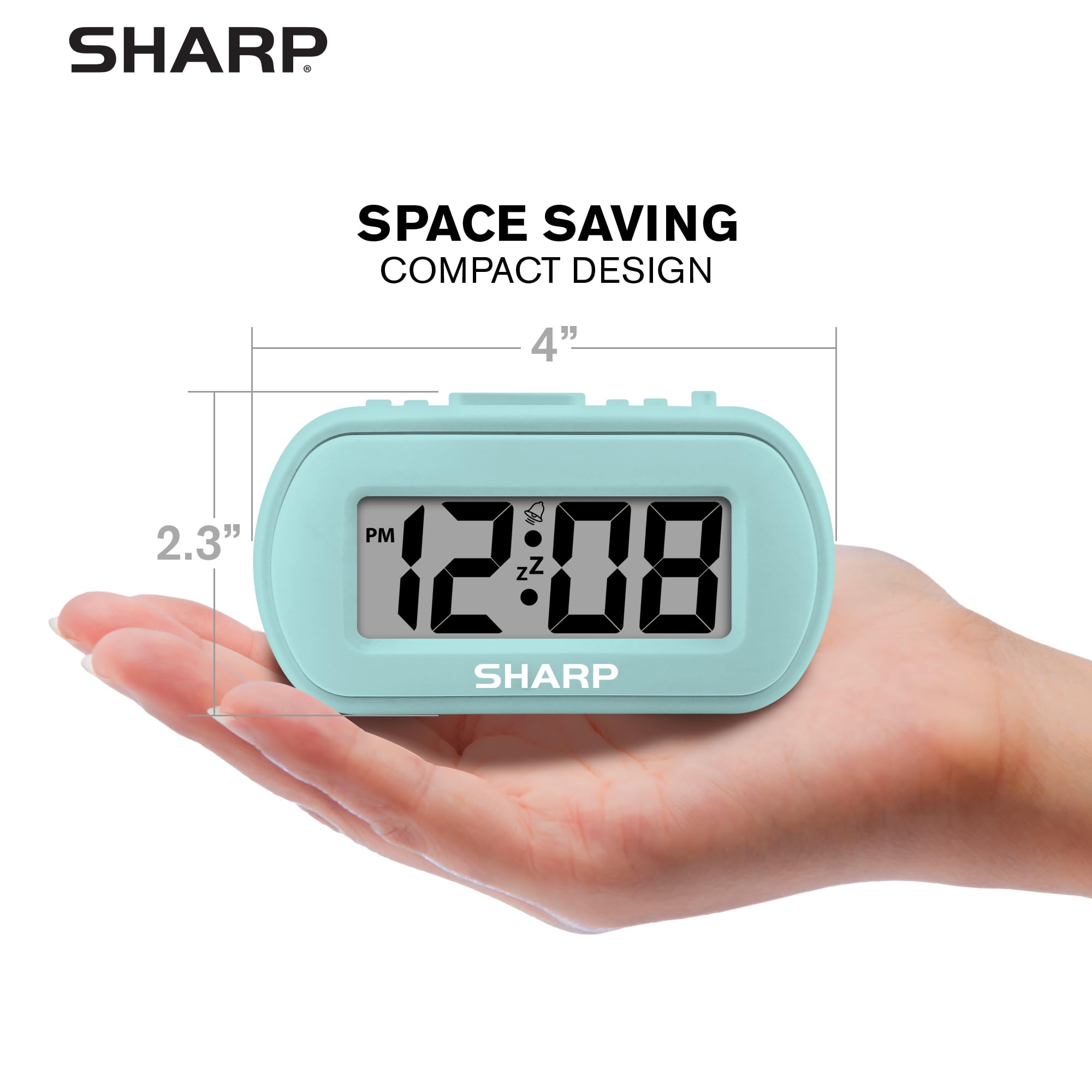 Sharp digital alarm clock top button controls simplify setting and operation