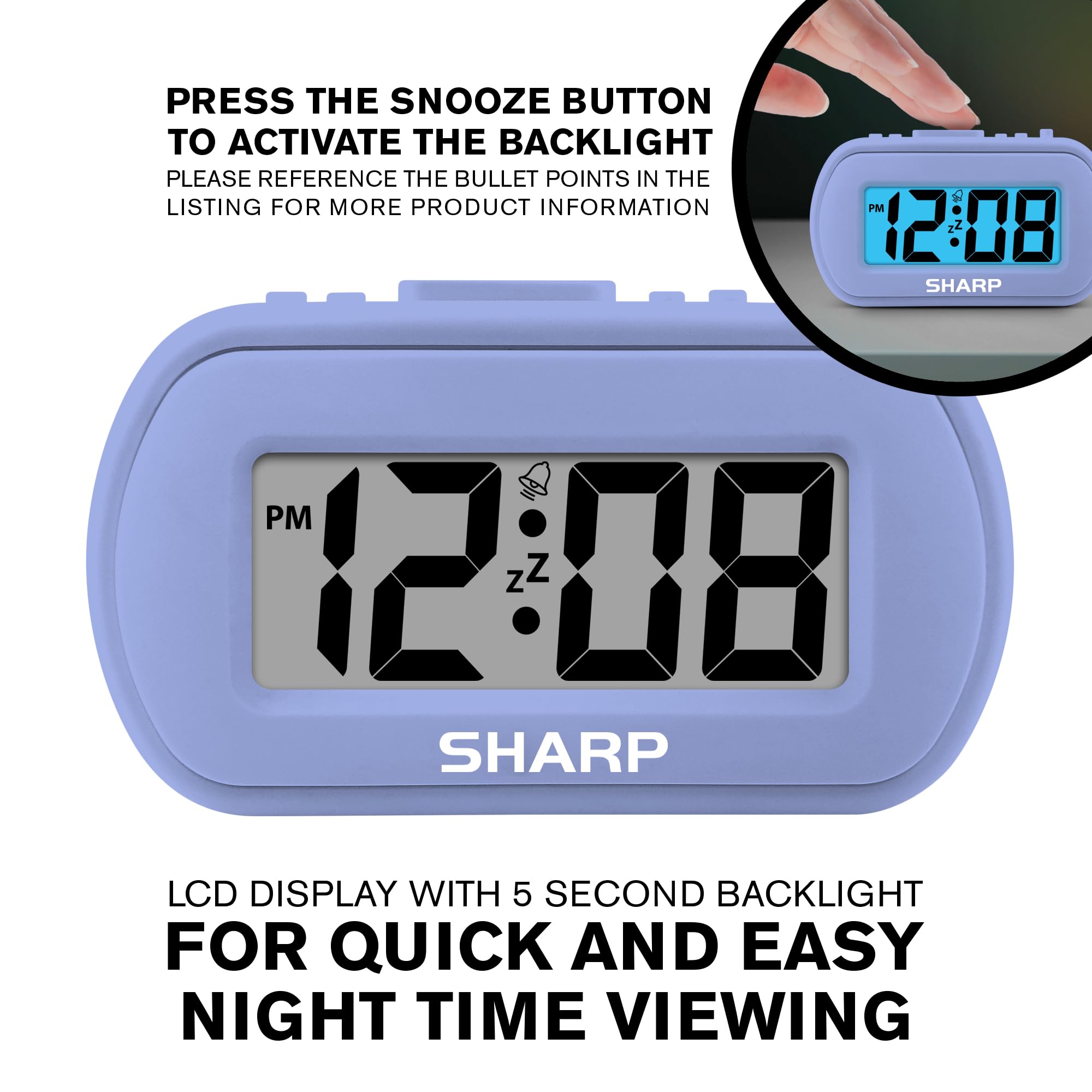 Top Snooze button enables five extra minutes of rest on Sharp clock.