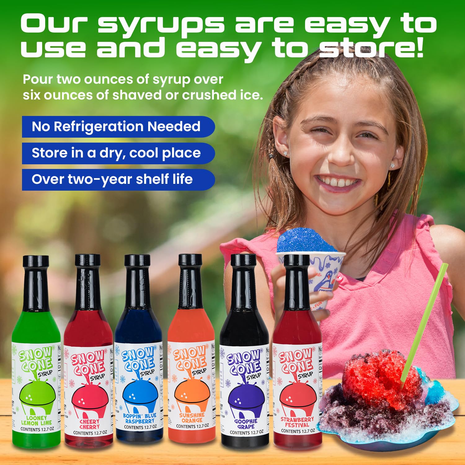 Shave Ice Syrups strawberry bottle offers juicy notes for festive snow cones.