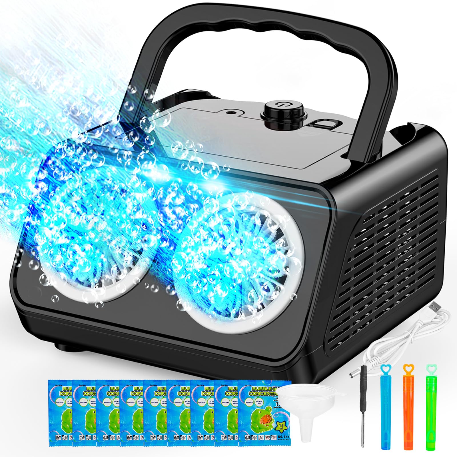 SHCKE automatic bubble machine in action delivering colorful bubbles for outdoor play