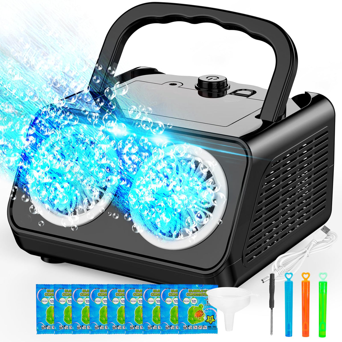SHCKE automatic bubble machine in action delivering colorful bubbles for outdoor play
