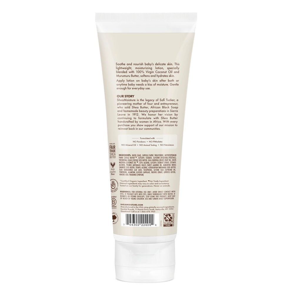 Sheamoisture Baby Lotion on a smiling baby's skin after bath.