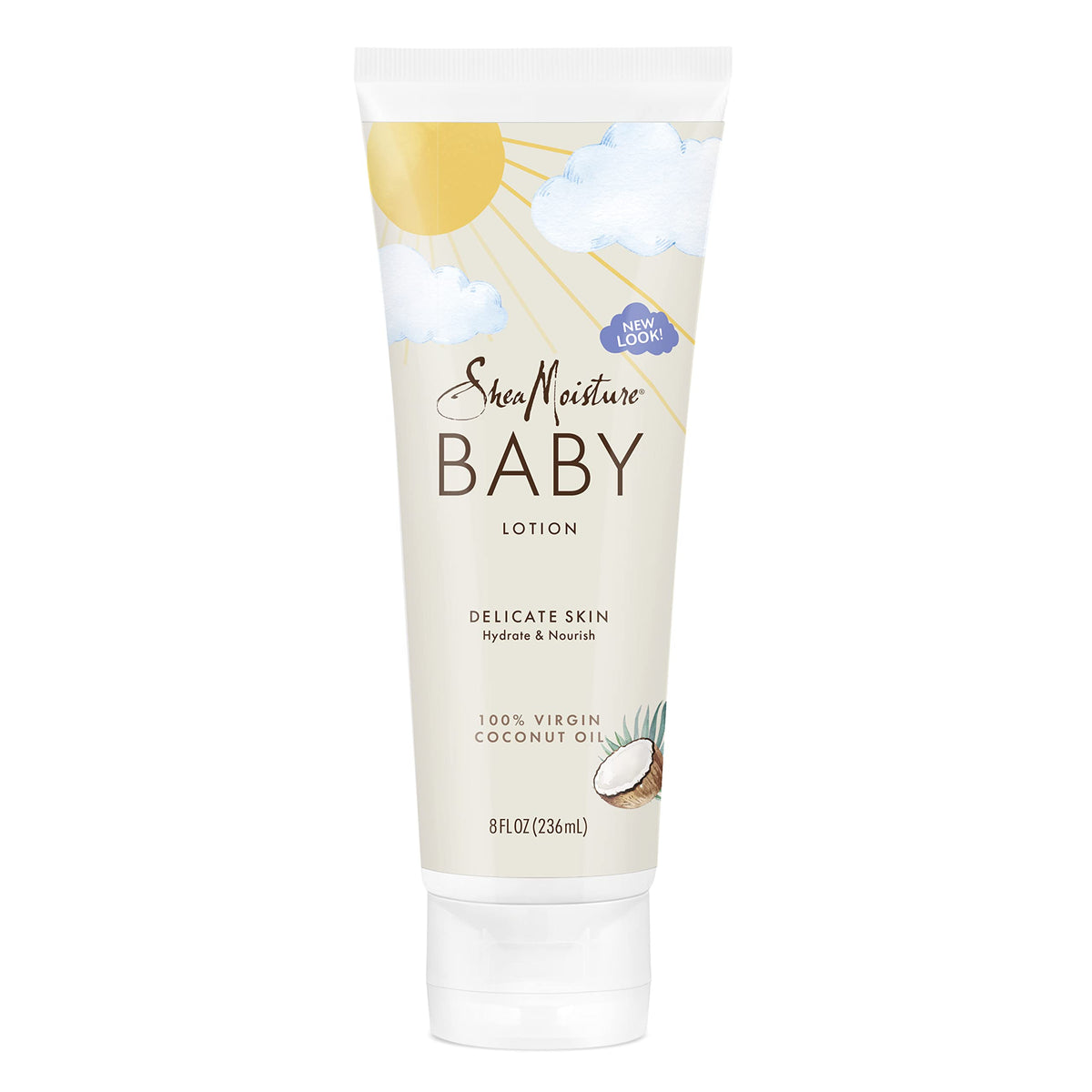 Sheamoisture Baby Lotion bottle featuring Virgin Coconut Oil to nourish dry skin.
