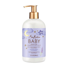 SheaMoisture Baby Manuka Honey & Lavender bottle pour for gentle cleansing of delicate hair and skin.