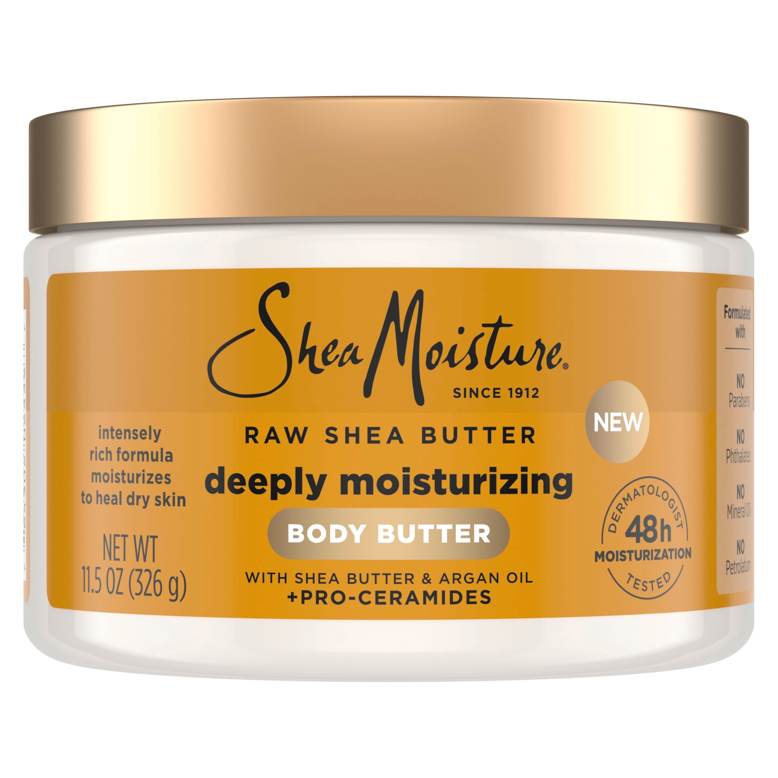 SheaMoisture Deeply Moisturizing Body Butter jar with shea and argan oil for dry skin nourishment.