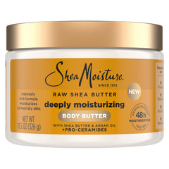 SheaMoisture Deeply Moisturizing Body Butter jar with shea and argan oil for dry skin nourishment.