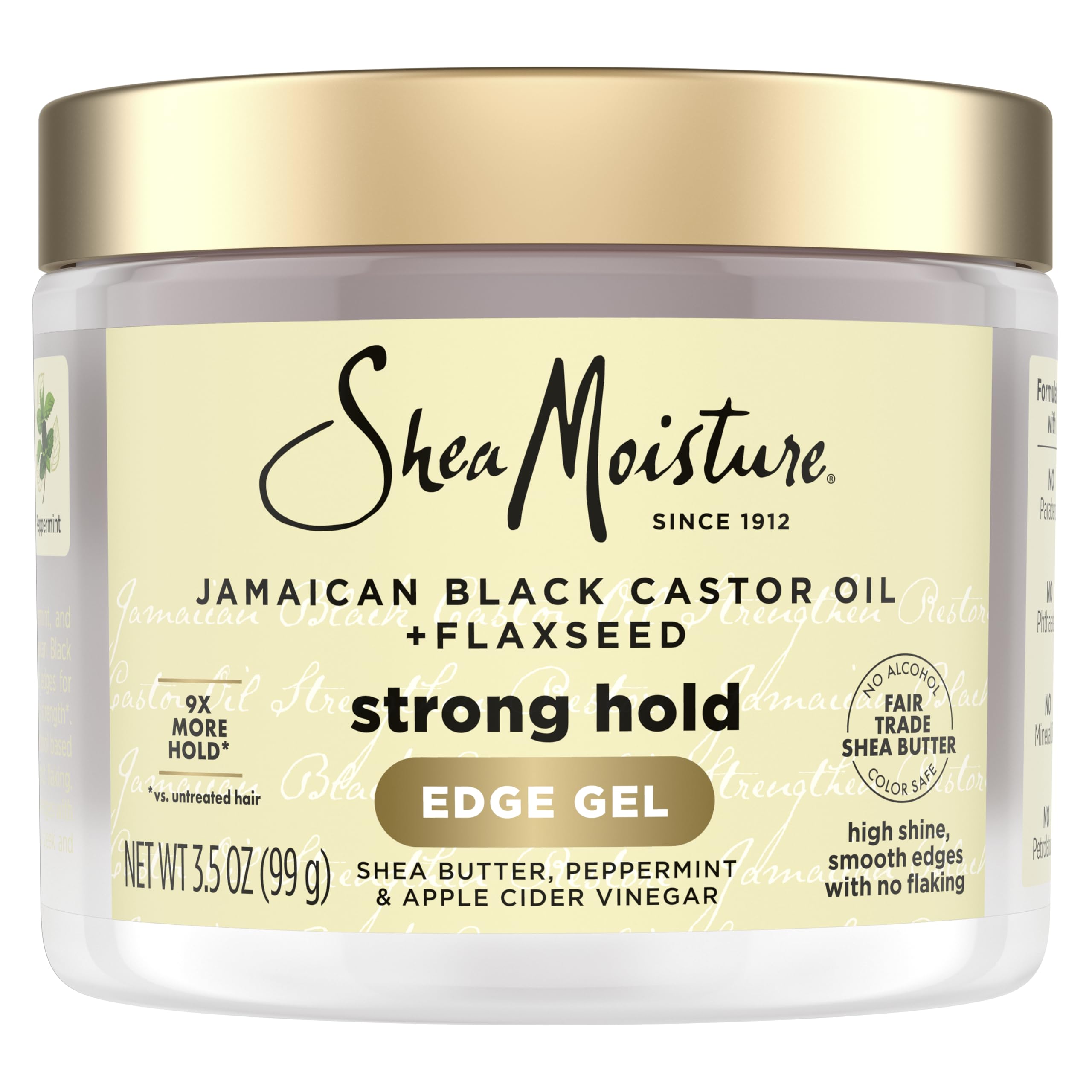 SheaMoisture edge-control flaxseed jar displaying long-lasting hold and frizz control.