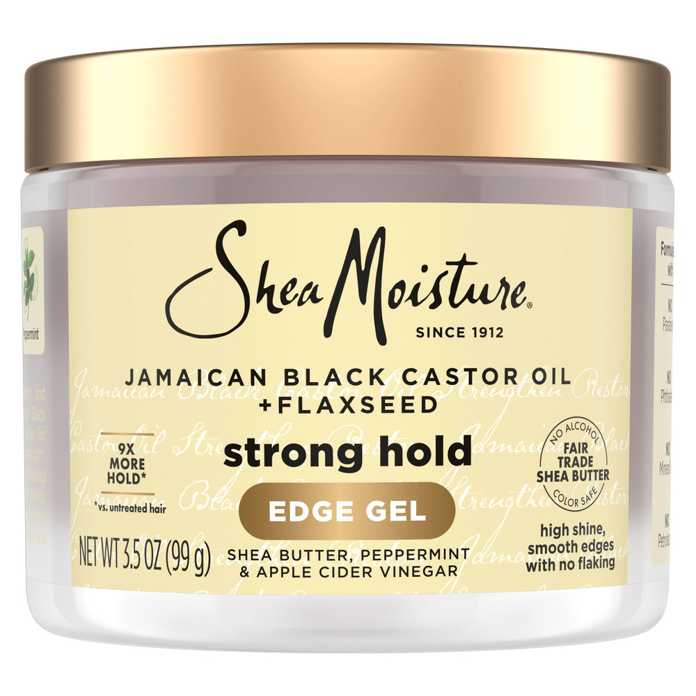 SheaMoisture edge-control flaxseed jar displaying long-lasting hold and frizz control.