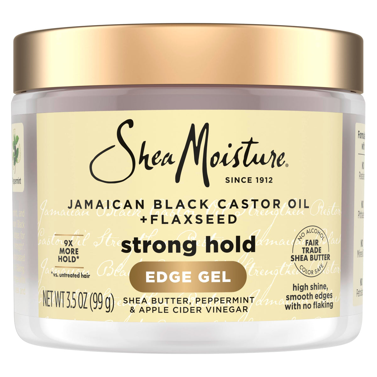 SheaMoisture edge-control flaxseed jar displaying long-lasting hold and frizz control.