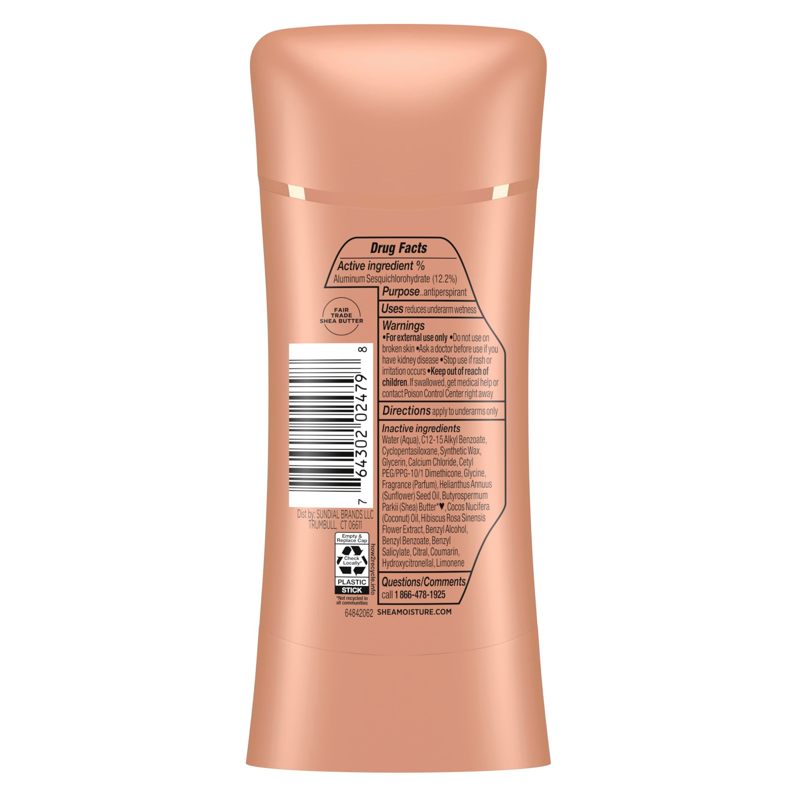 Close-up of SheaMoisture Coconut & Hibiscus deodorant providing 48-hour protection.