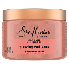 Sheamoisture Glowing Radiance Scrub jar showing creamy exfoliating texture for even skin tone.
