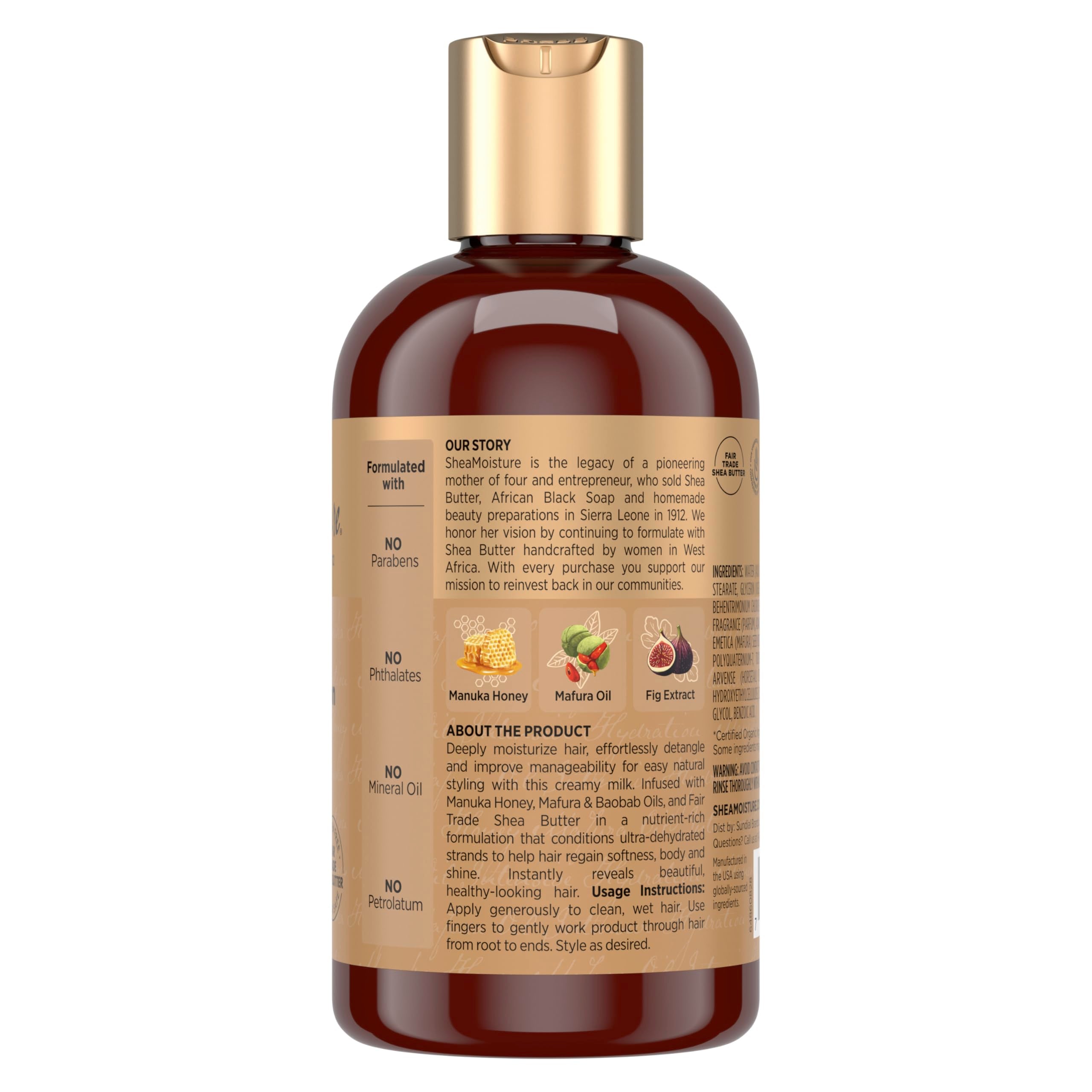 Pump dispensing SheaMoisture Hydration Hair Milk on a surface