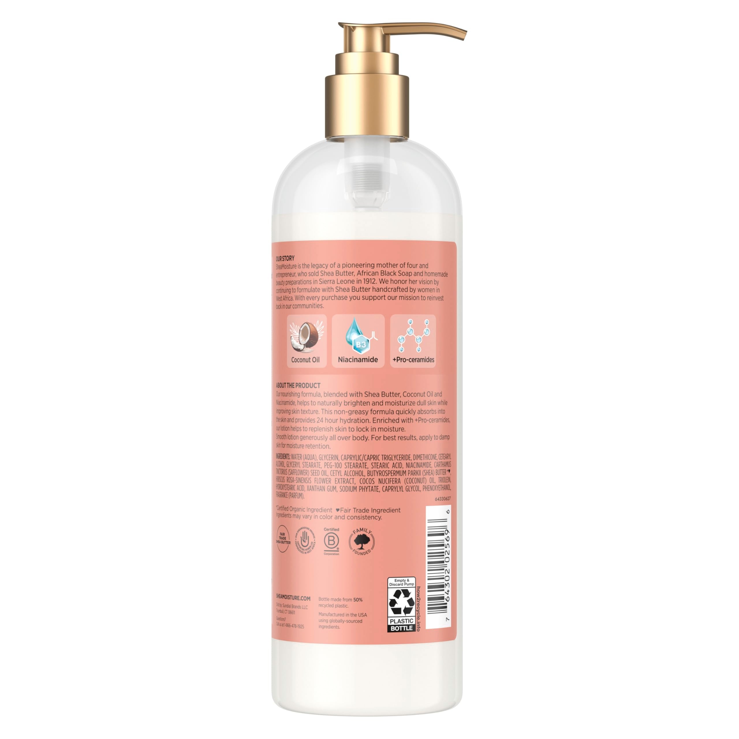Sheamoisture Illuminating body lotion hibiscus focus softens and smooths texture.