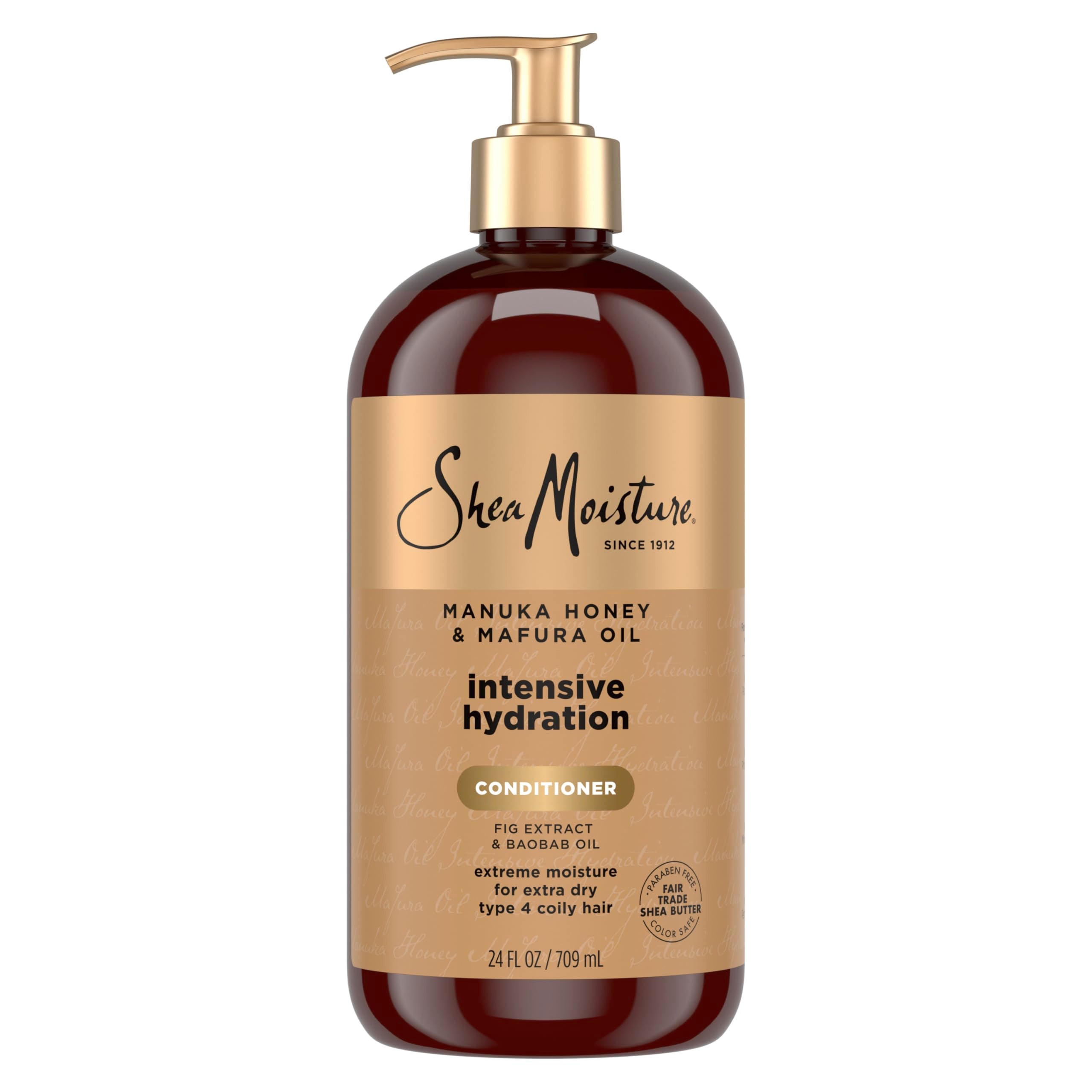 Sheamoisture Intensive Hydration Conditioner bottle shows Manuka Honey and Mafura Oil for deep moisture.