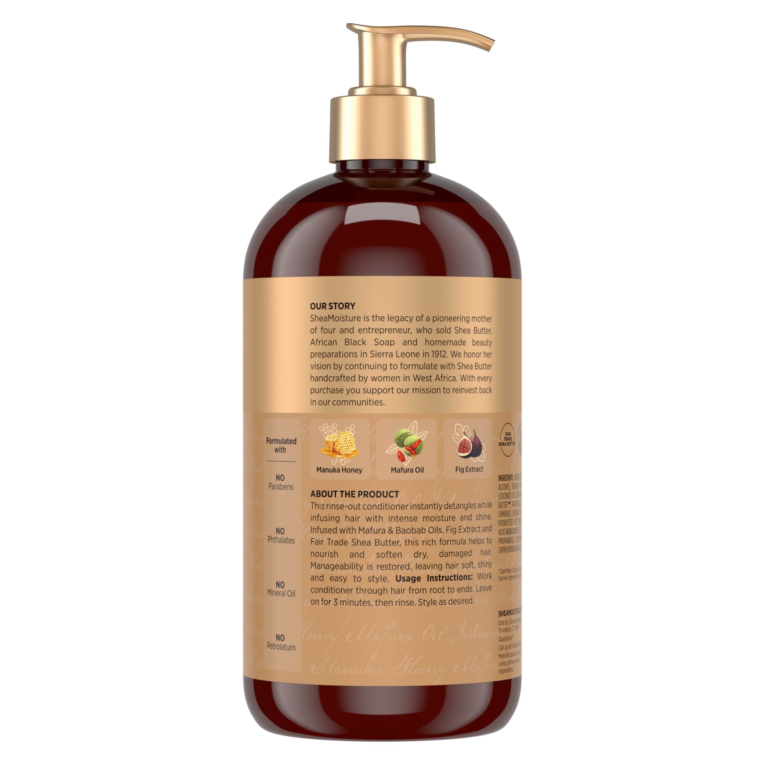 Label closeup highlights Manuka Honey and Mafura Oil benefits for dry hair.