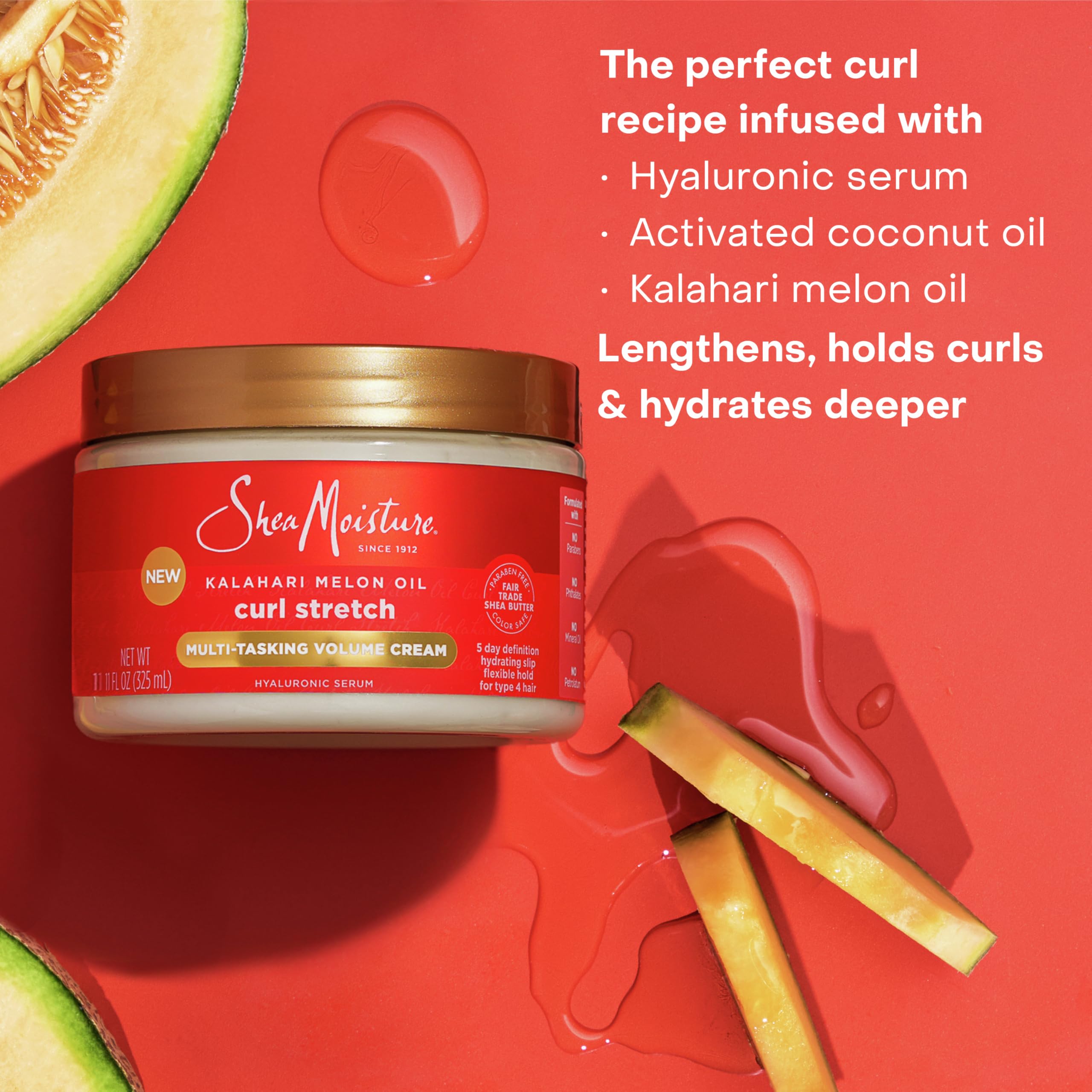 Kalahari Melon Oil close‑up signals moisture‑rich ingredient for curls.