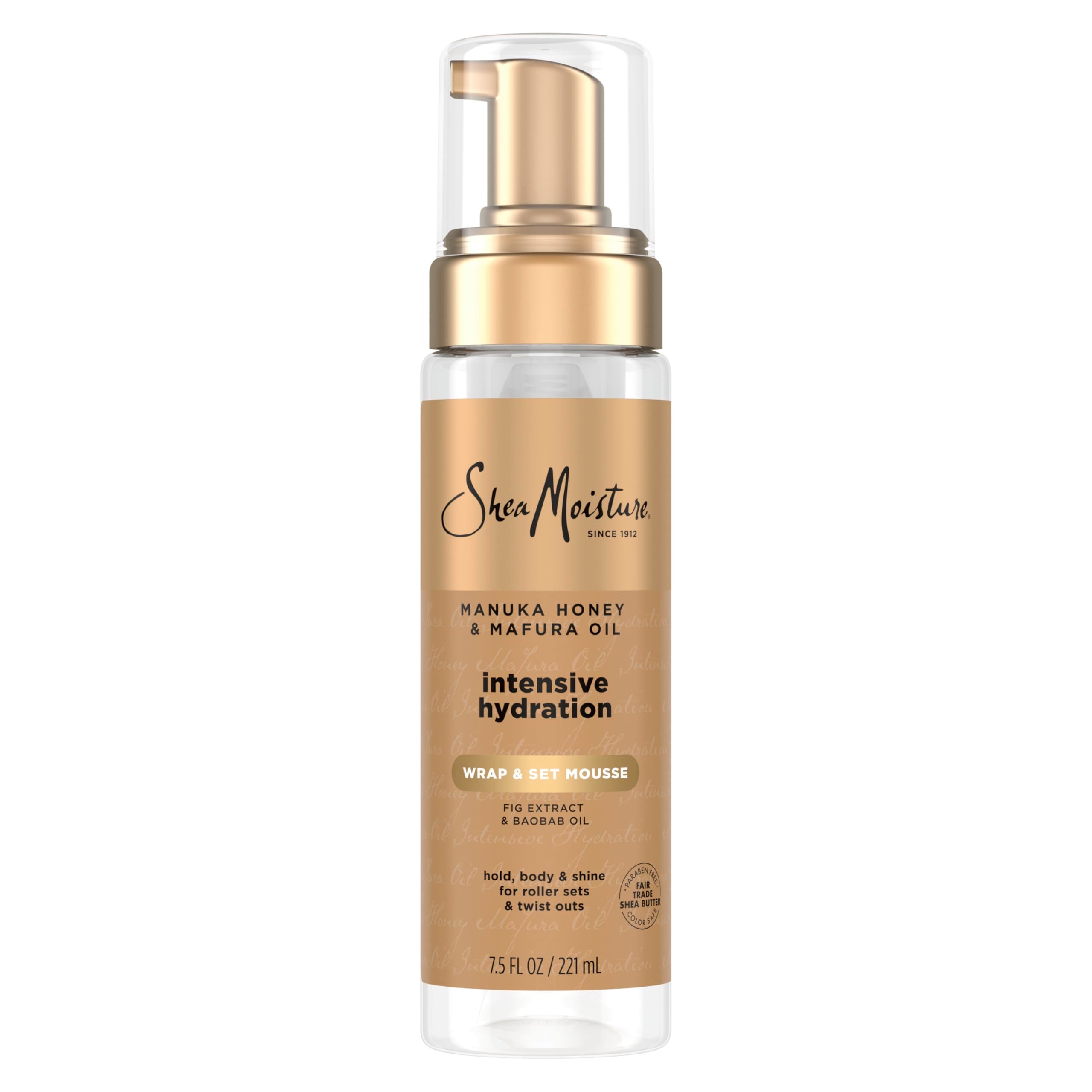 SheaMoisture Manuka Honey Mafura Oil wrap & set mousse bottle for smooth wrapping and light hold.