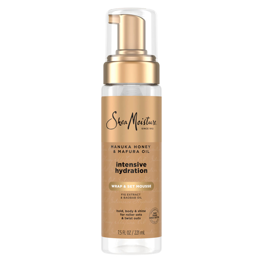 SheaMoisture Manuka Honey Mafura Oil wrap & set mousse bottle for smooth wrapping and light hold.