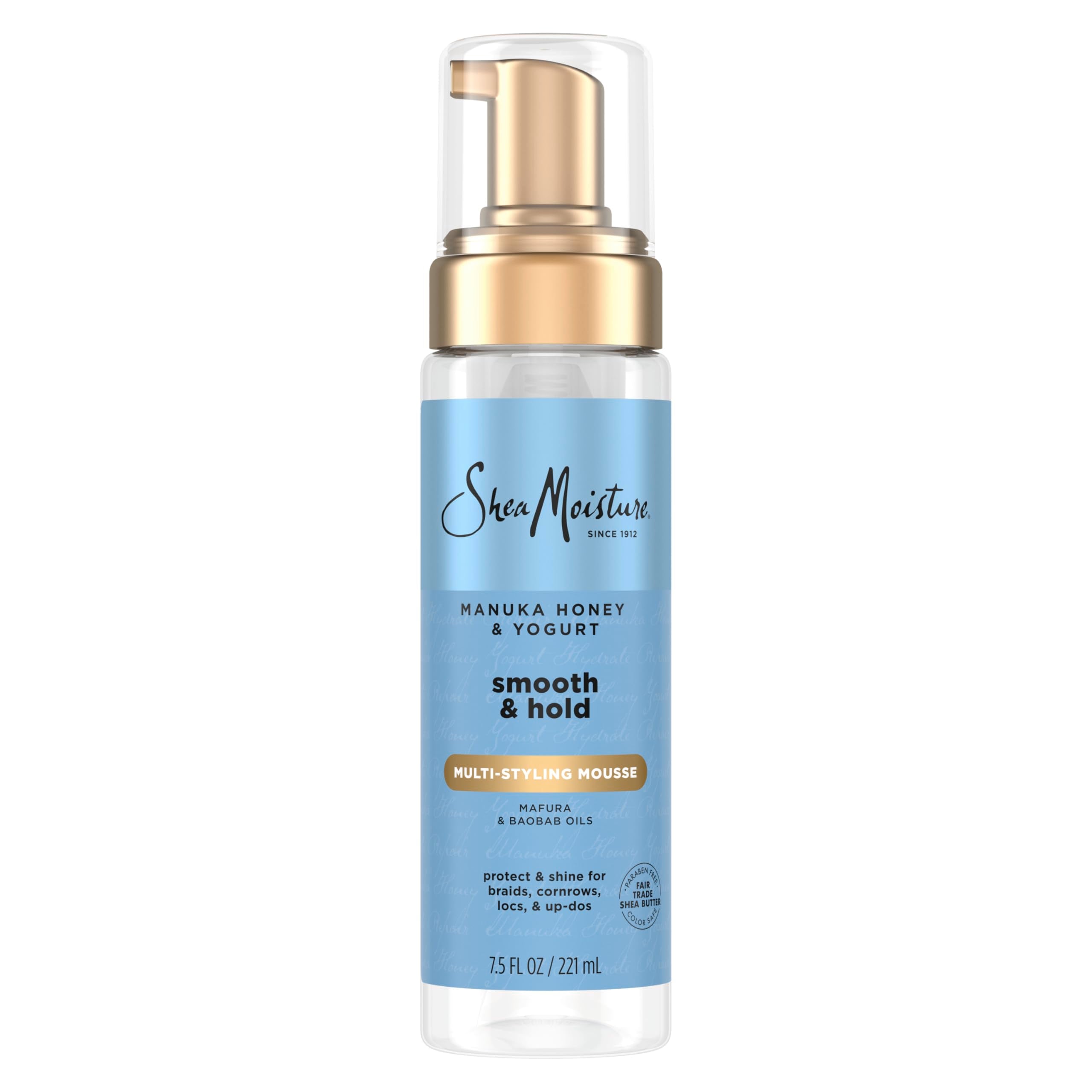 SheaMoisture Manuka Honey Yogurt Mousse jar closeup, creamy texture for smooth styling