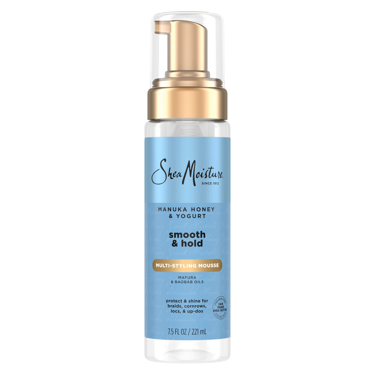 SheaMoisture Manuka Honey Yogurt Mousse jar closeup, creamy texture for smooth styling