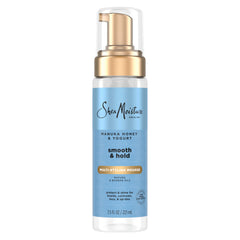 SheaMoisture Manuka Honey Yogurt Mousse jar closeup, creamy texture for smooth styling